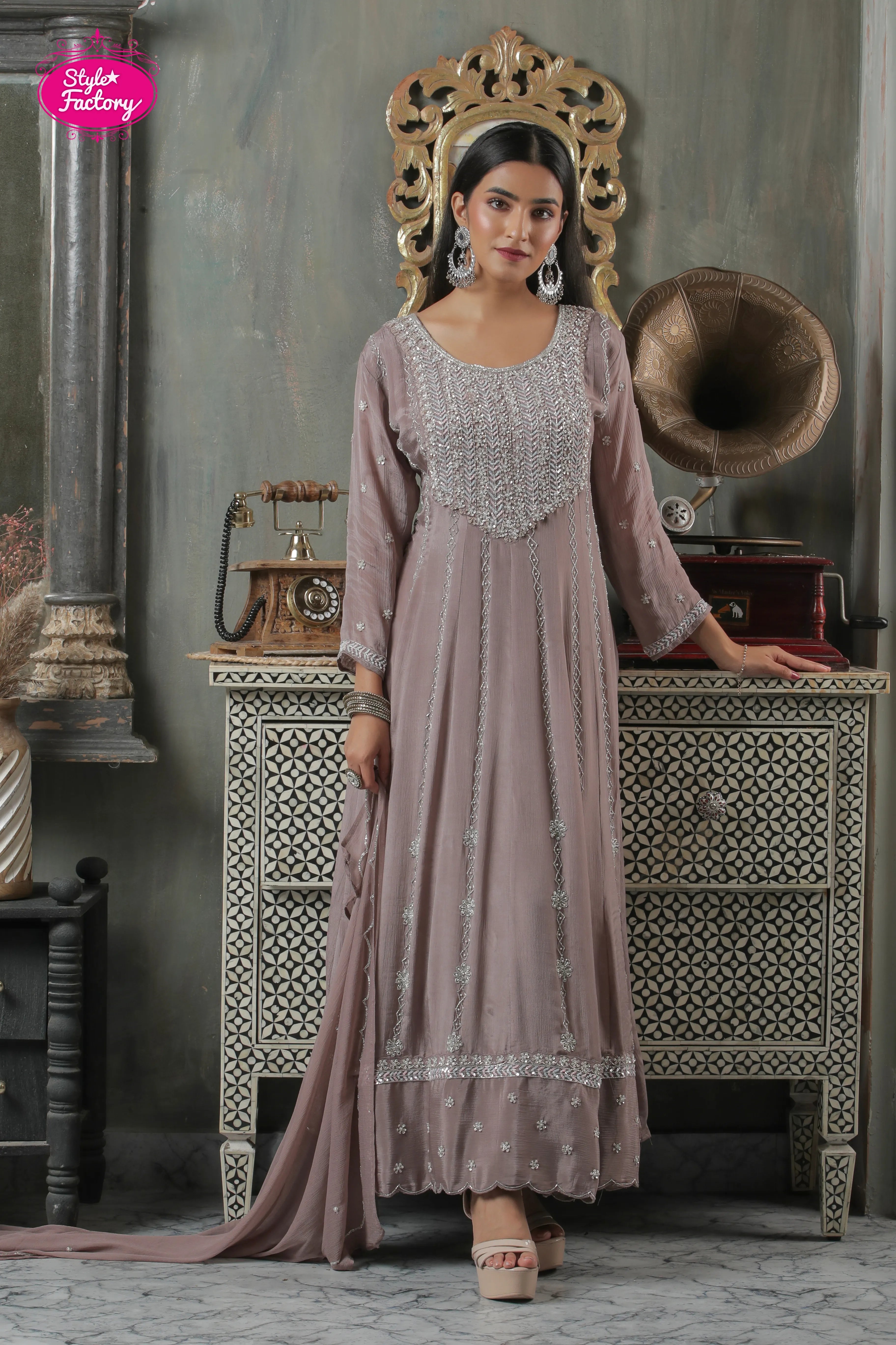 Mauve Embroidered Maxi Anarkali Gown